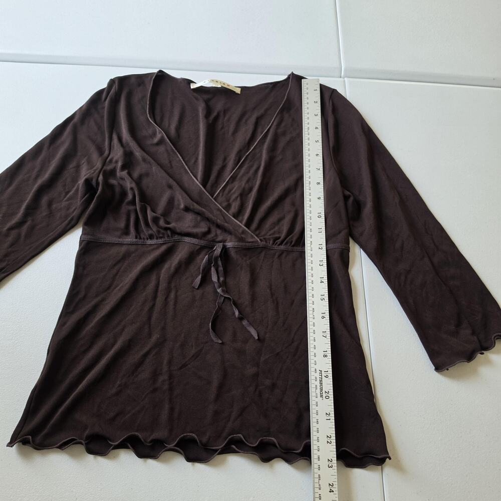 Y2K Whimsigoth Fairy Grunge Blouse Womens Medium Brown Wrap V Neck Tie Waist - Picture 4 of 7